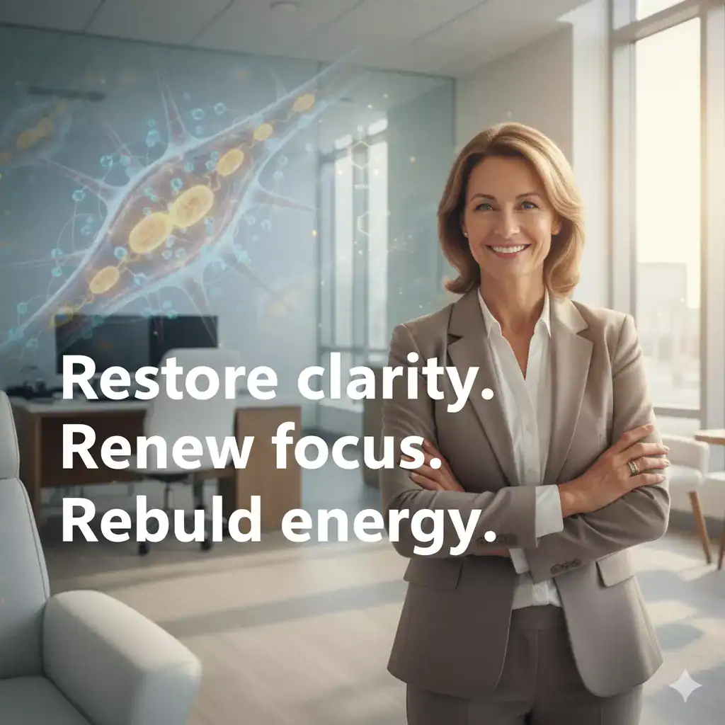 Patient smiling after NAD⁺ IV therapy in Cunnecticut with overlay text “Restore clarity. Renew focus. Rebuild energy.”