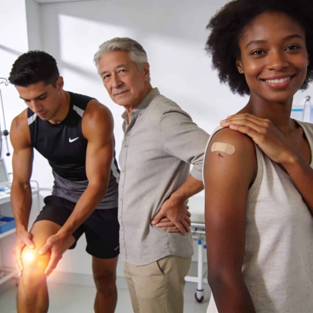Three adults in a bright clinic setting, including an athlete stretching a glowing knee, a middle‑aged person holding their lower back, and a post‑surgical patient gently rolling a healing shoulder, all looking hopeful and mobile.