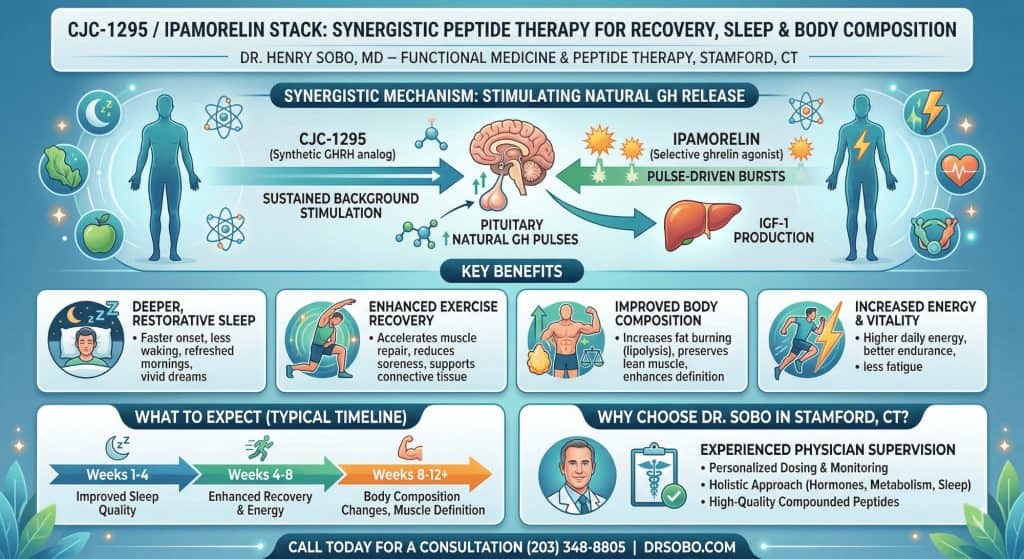 Dr. Sobo CJC-1295 Ipamorelin stack peptide therapy Stamford CT infographic for recovery and sleep