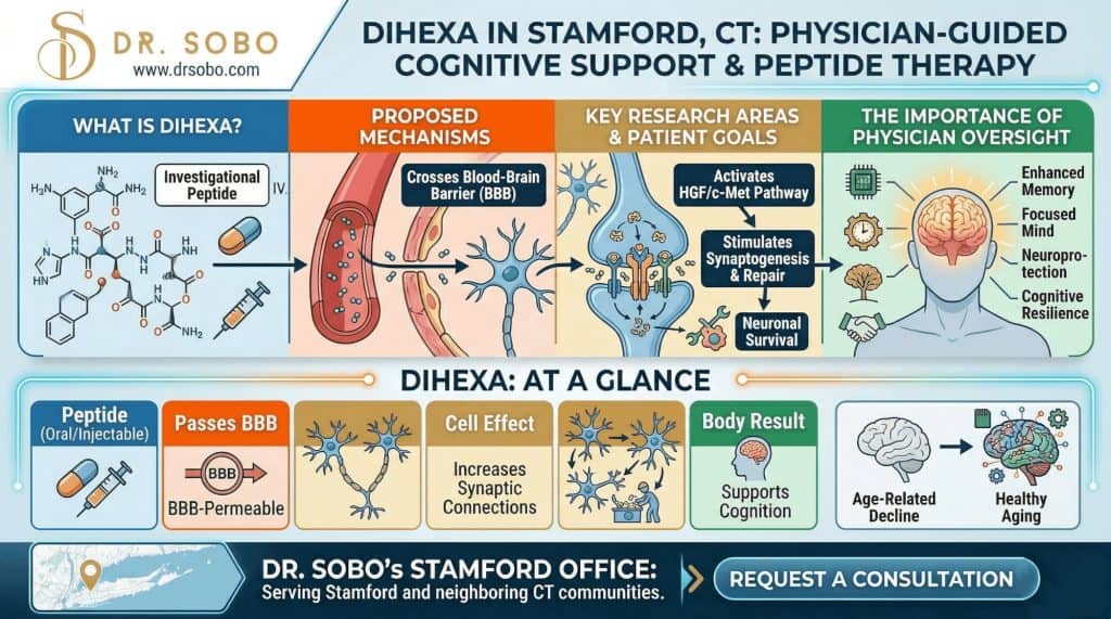 A comprehensive medical infographic from Dr. Sobo in Stamford, CT, illustrating the proposed mechanism and benefits of Dihexa peptide therapy for cognitive support. The top section uses flowcharts and molecular diagrams to show the process from the investigation peptide's entry (oral/injectable) to its ability to cross the blood-brain barrier (BBB) and interact with neurons, specifically activating the HGF/c-Met pathway and stimulating synaptogenesis and repair. The central section displays a human head with a glowing brain surrounded by research areas like Enhanced Memory, Focused Mind, Neuroprotection, and Cognitive Resilience. The bottom summarizes the workflow and visually contrasts a brain with "Age-Related Decline" with a connected, colorful brain representing "Healthy Aging." The footer provides location details for Dr. Sobo’s Stamford Office and a "Request a Consultation" button.