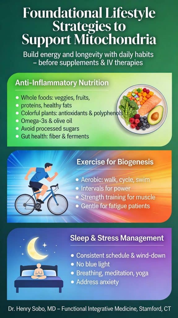 Foundational Lifestyle Strategies to Support Mitochondria," outlining nutrition, exercise, and sleep tips for energy and longevity by Dr. Henry Sobo, MD. (see the generated image above)