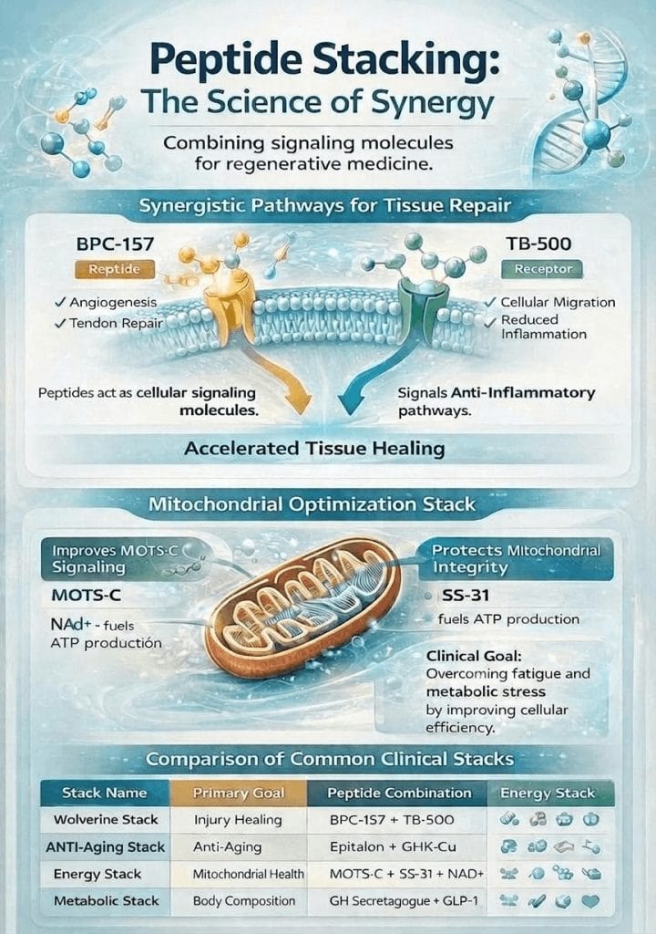 Medical infographic explaining peptide stacking therapy, including BPC-157 and TB-500 healing pathways, mitochondrial peptide stack with MOTS-C SS-31 and NAD+, and comparison of common peptide therapy stacks used in regenerative medicine.