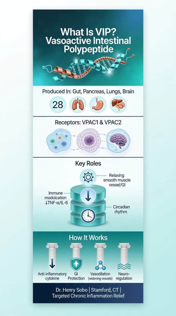 VIP peptide therapy infographic: What is vasoactive intestinal polypeptide, mechanisms, Stamford CT Dr. Henry Sobo for chronic inflammation CIRS mold illness
