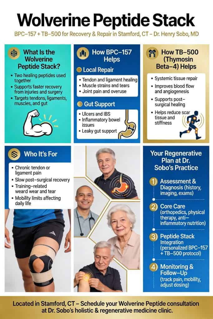 Vertical medical infographic explaining the Wolverine Peptide Stack (BPC‑157 + TB‑500) for soft‑tissue and gut repair, ideal candidates, and the 4‑step regenerative plan at Dr. Sobo’s Stamford, CT clinic.