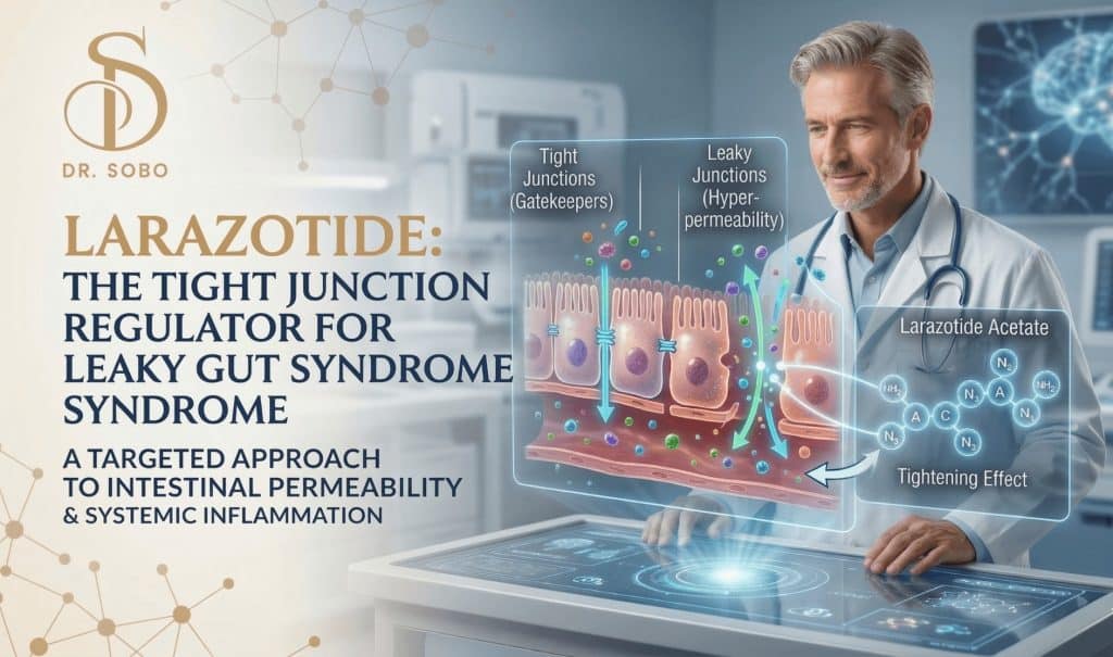 Hero banner illustrating how Larazotide peptide therapy acts as a tight junction regulator to seal the intestinal lining and treat leaky gut syndrome, at Dr. Sobo's practice.