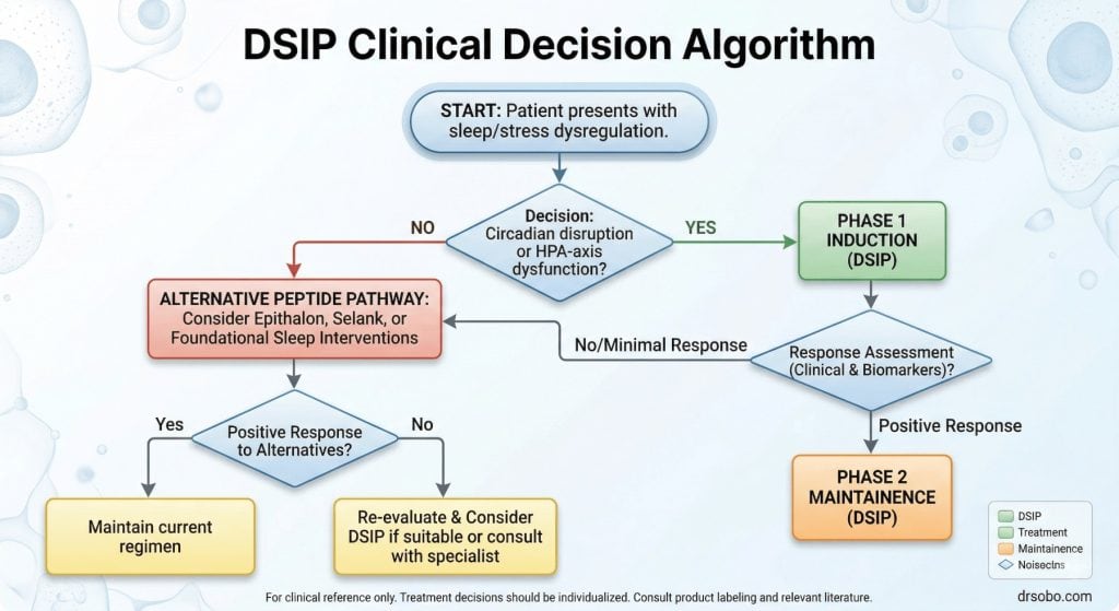 A medical flowchart titled DSIP Clinical Decision Algorithm showing the diagnostic process for sleep and stress dysregulation, including Phase 1 Induction and Phase 2 Maintenance for DSIP peptide therapy