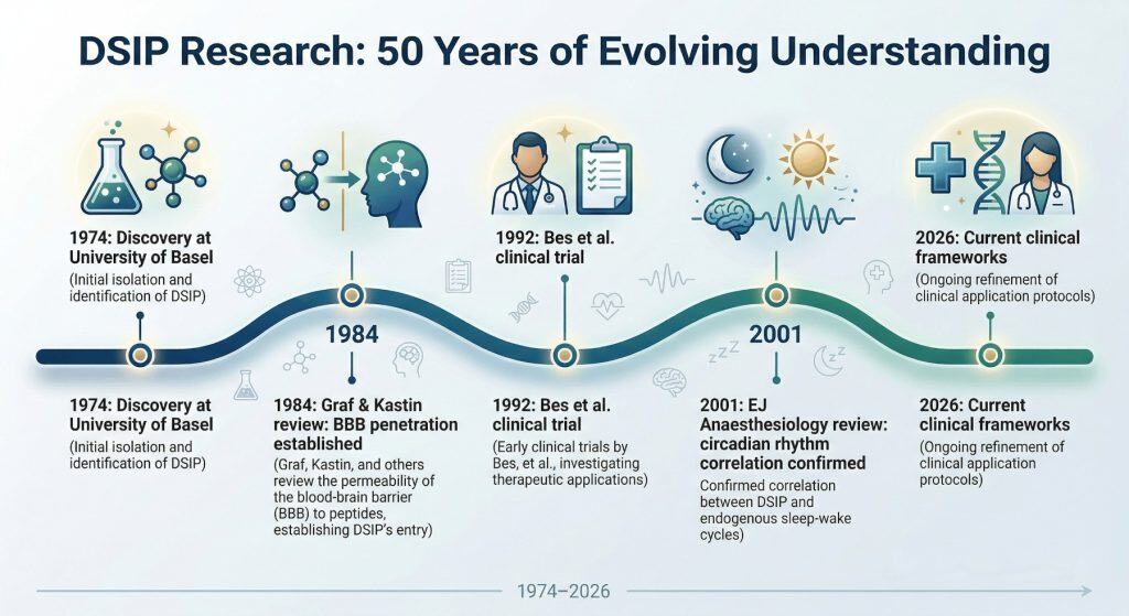 A historical timeline graphic titled 'DSIP Research: 50 Years of Evolving Understanding.' Key markers include 1974: Discovery at University of Basel; 1984: Graf & Kastin review confirming BBB penetration; 1992: Bes et al. clinical trial; 2001: EJ Anaesthesiology review confirming circadian rhythm correlation; 2026: Current clinical frameworks.