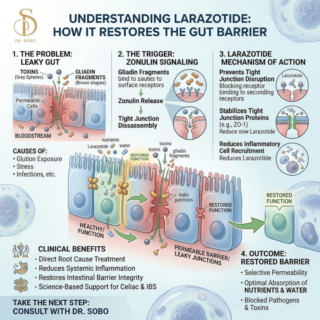 how the peptide Larazotide works to restore a damaged intestinal barrier caused by leaky gut.