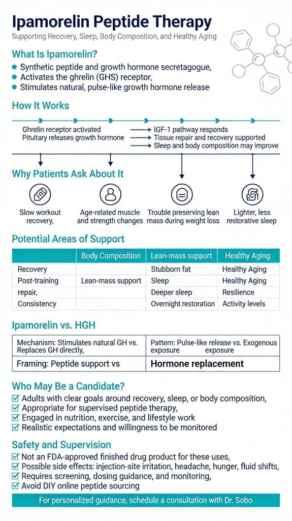 Professional infographic explaining Ipamorelin peptide therapy benefits for recovery, sleep, body composition, and healthy aging at Dr. Sobo's Connecticut clinic. Features mechanism of action, patient candidacy, safety notes, and comparison to HGH.