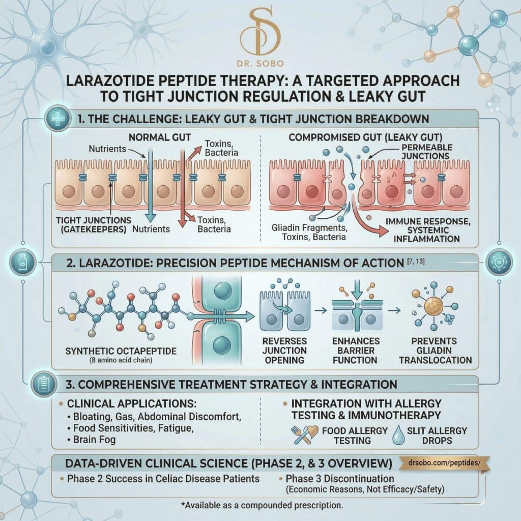 Infographic explaining Larazotide peptide therapy mechanism for tight junction regulation and leaky gut restoration at Dr. Sobo's practice.