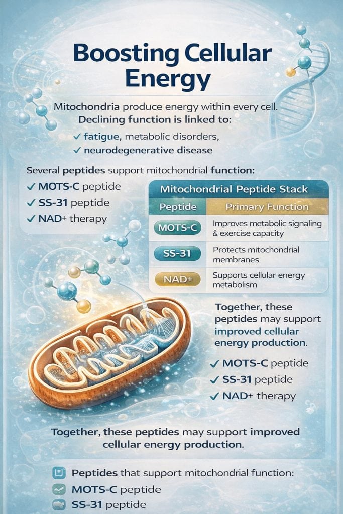Mitochondrial Peptide Stack Infographic: MOTS-C, SS-31 and NAD+ for Cellular Energy