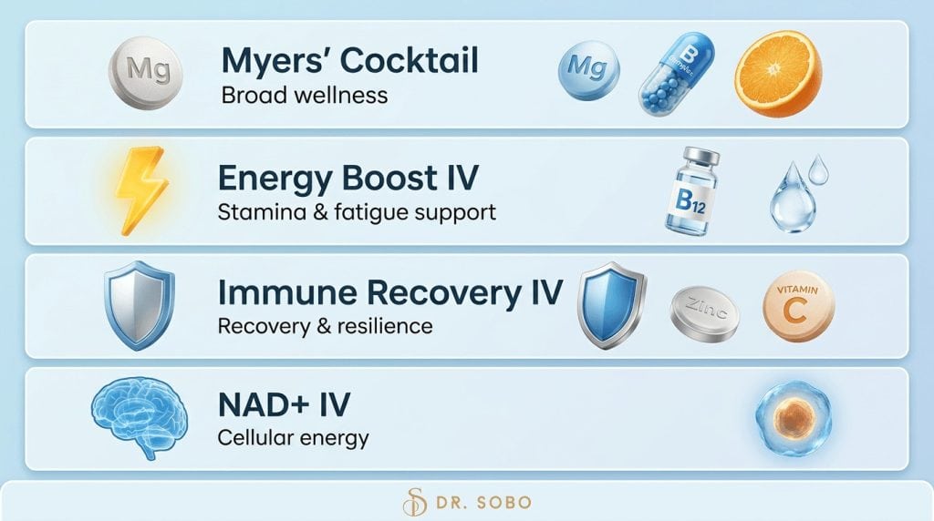 3D infographic comparing Myers' Cocktail, Energy Boost IV, Immune Recovery IV, and NAD+ IV with their ingredients and primary goals for hydration, stamina, immune support, and cellular energy
