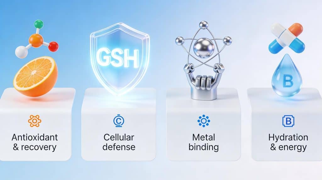 3D infographic comparing four detox-support therapies: Vitamin C IV (antioxidant), Glutathione IV (cellular defense), Chelation Therapy (metal binding), and General Recovery IV (hydration and energy)