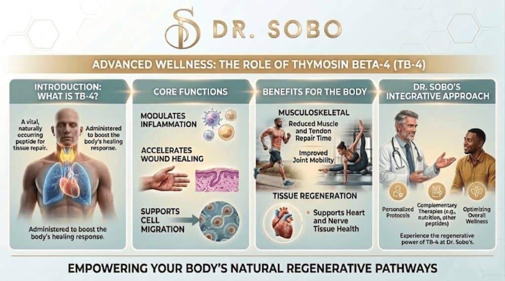 Horizontal infographic explaining the benefits of Thymosin Beta-4 (TB-4) peptide therapy at Dr. Sobo’s clinic, highlighting tissue repair, inflammation reduction, and regenerative medicine.