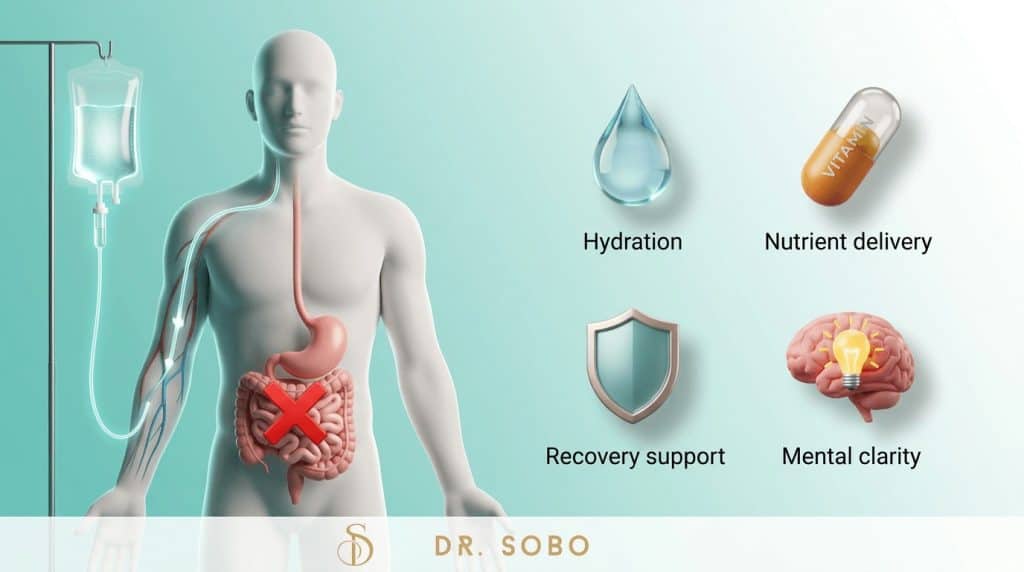 3D infographic showing how IV therapy delivers fluids and nutrients directly into the bloodstream with benefits: hydration, nutrient delivery, recovery support, and mental clarity
