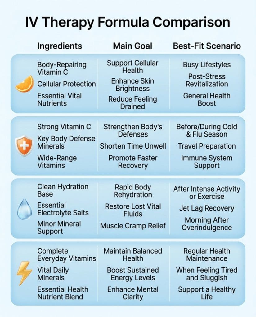Infographic comparing four IV therapy types: Vitamin C IV, Immune Recovery IV, Hydration plus Recovery IV, and General Wellness IV. Columns show ingredients, main goal, and best-fit scenario.
