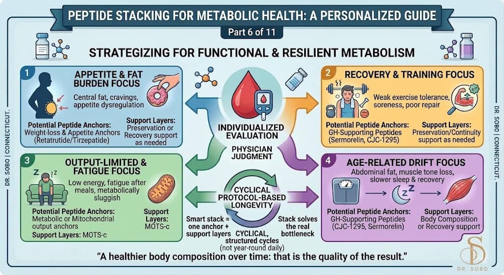 An infographic titled "Peptide Stacking for Metabolic Health" highlighting four targeted strategies: Appetite & Fat Burden, Recovery & Training, Output-Limited & Fatigue, and Age-Related Drift. The center features a diagram for Individualized Evaluation and Cyclical Protocol-Based Longevity.