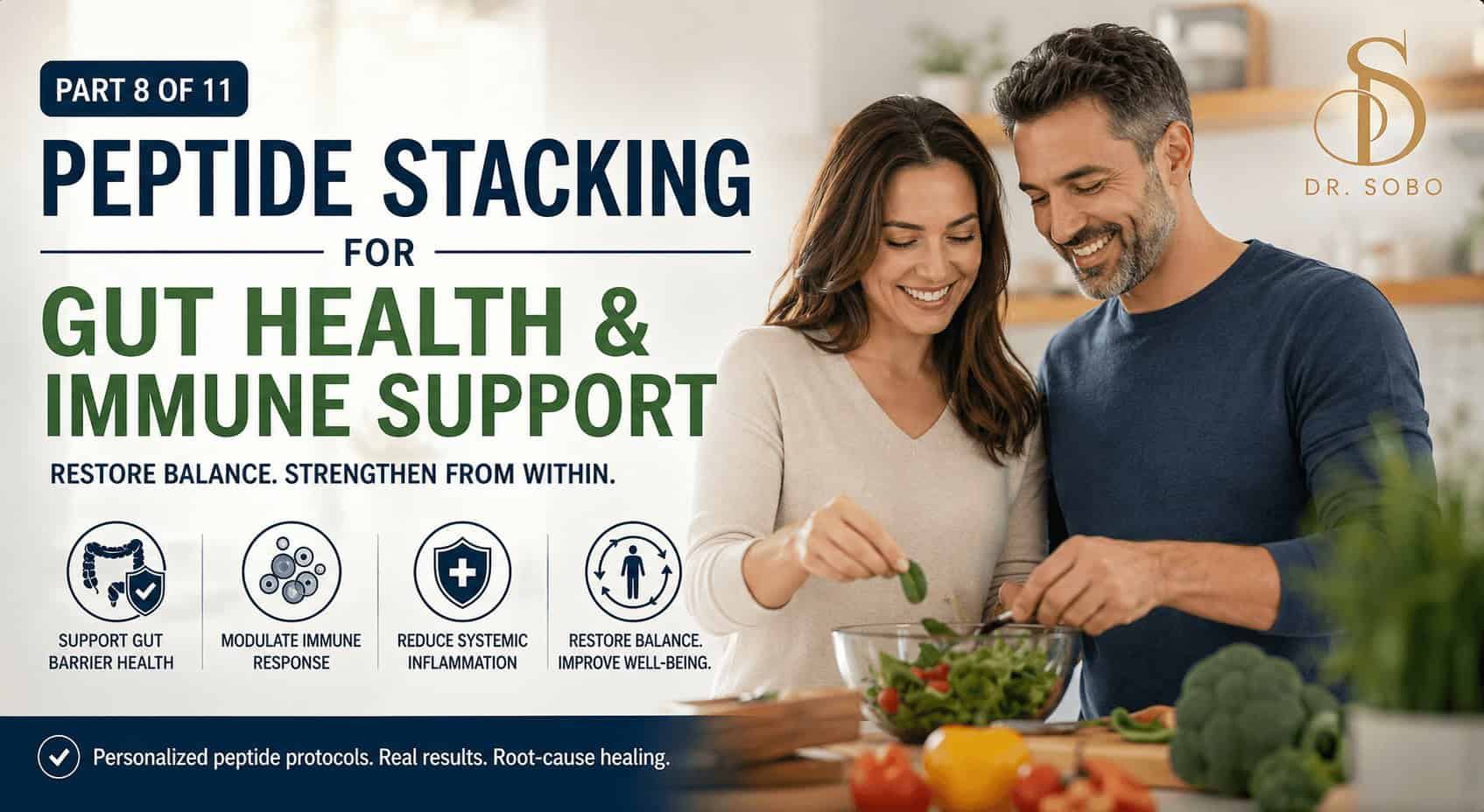 Banner image of a healthy couple preparing food in a modern kitchen, representing gut health and immune support, alongside text promoting peptide stacking for gut barrier repair, inflammation reduction, and immune balance with Dr. Sobo branding.