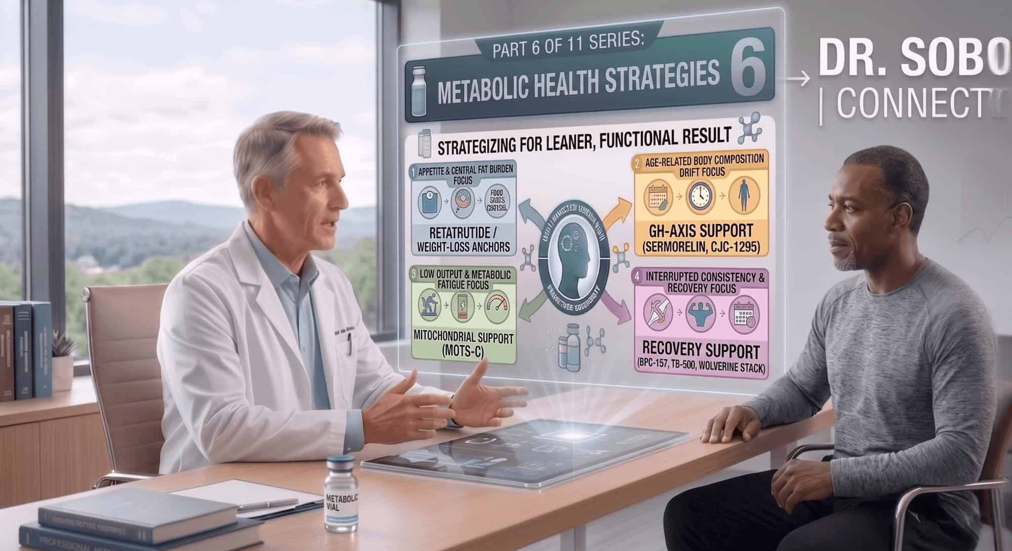 A professional medical consultation between Dr. Sobo and a fit Black male patient in casual athletic wear. A high-tech holographic display between them titled "Part 6: Metabolic Health Strategies" outlines four personalized peptide protocols for appetite, age-related drift, low output, and consistency.