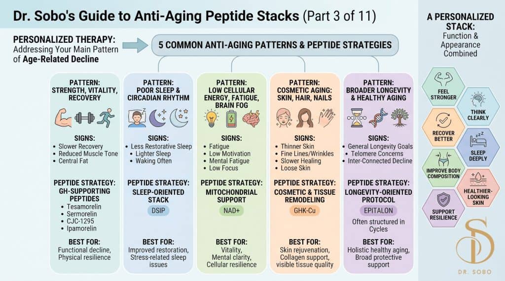 A horizontal infographic titled Dr. Sobo's Guide to Anti-Aging Peptide Stacks, categorizing five aging patterns: Strength/Vitality, Sleep, Cellular Energy, Cosmetic Aging, and Longevity, with corresponding peptide strategies like GH-peptides, DSIP, NAD+, GHK-Cu, and Epitalon.