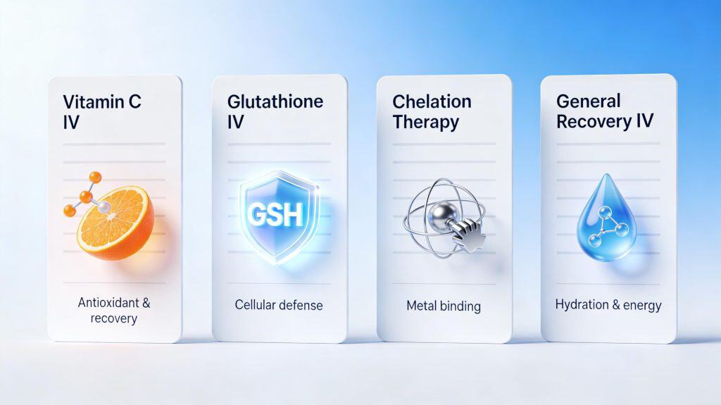 3D infographic showing oxidative stress (free radicals attacking cells) and how vitamin C acts as an antioxidant to neutralize damage and support detox organs like liver, kidneys, and lungs