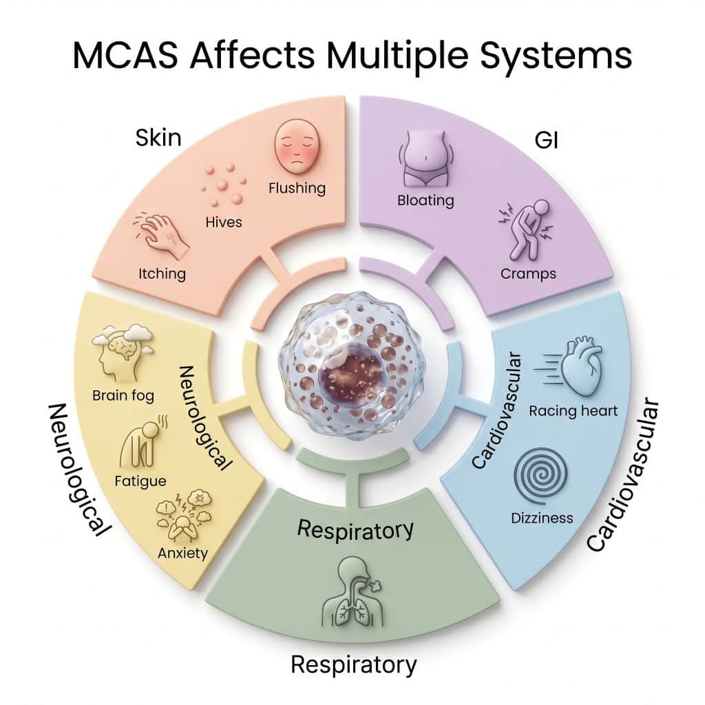 infographic titled “MCAS Affects Multiple Systems”. Center illustration of a mast cell releasing granules. Five radiating sections: Skin (flushing, hives, itching), Gastrointestinal (bloating, cramps, diarrhea), Cardiovascular (racing heart, dizziness, blood pressure changes), Respiratory (shortness of breath, wheezing, throat tightness), Neurological (brain fog, fatigue, anxiety, headaches). Bottom text: “Symptoms in 2+ systems during flares suggest MCAS evaluation.