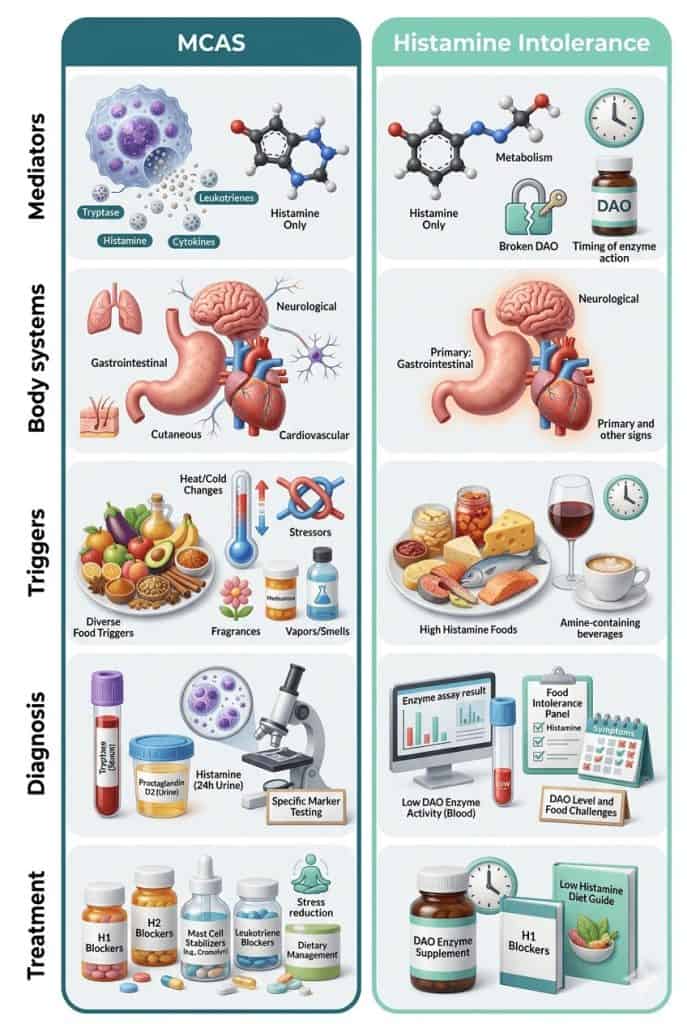 Infographic comparing MCAS and histamine intolerance. Two columns. Left: MCAS – mediators: histamine, tryptase, prostaglandins, leukotrienes, cytokines. Systems: skin, GI, cardiovascular, respiratory, neurological. Triggers: foods, stress, heat, fragrances, exercise. Diagnosis: clinical + mediator elevation + treatment response. Treatment: H1/H2 antihistamines, cromolyn, quercetin. Right: Histamine Intolerance – mediators: mainly histamine. Systems: primarily GI, skin, headaches. Triggers: histamine-rich foods (aged cheese, fermented foods, alcohol). Diagnosis: low‑histamine diet trial + possible DAO testing. Treatment: low‑histamine diet, DAO supplements, antihistamines.