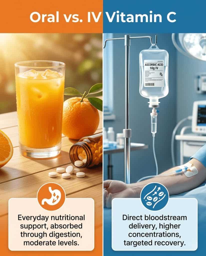 Split infographic comparing oral vitamin C versus IV vitamin C for immune support and recovery