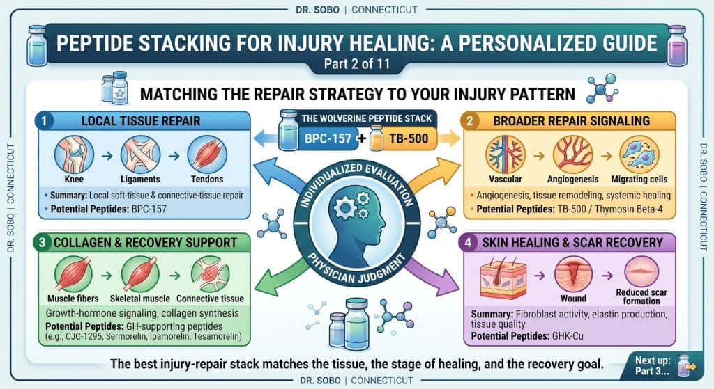 An infographic titled "Peptide Stacking for Injury Healing: A Personalized Guide," part 2 of an 11-part series by Dr. Sobo. The visual diagram illustrates how to match specific peptide categories to four distinct injury-repair patterns: Local Tissue Repair, Broader Repair Signaling, Collagen & Recovery Support, and Skin Healing & Scar Recovery, emphasizing individual evaluation and physician judgment. The BPC-157 and TB-500 "Wolverine Stack" is explicitly highlighted.