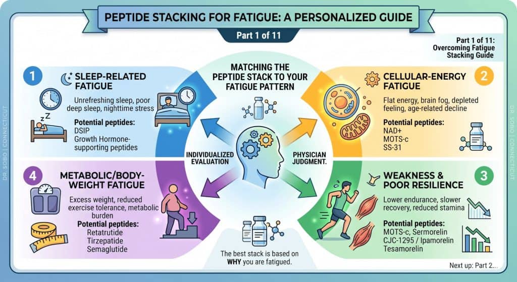 An infographic titled "Peptide Stacking for Fatigue: A Personalized Guide," summarizing the first part of a series by Dr. Sobo. The infographic illustrates how to match specific peptide stacks to four distinct fatigue patterns: Sleep-Related, Cellular-Energy, Weakness & Poor Resilience, and Metabolic/Body-Weight, all under the guidance of individual evaluation and physician judgment.