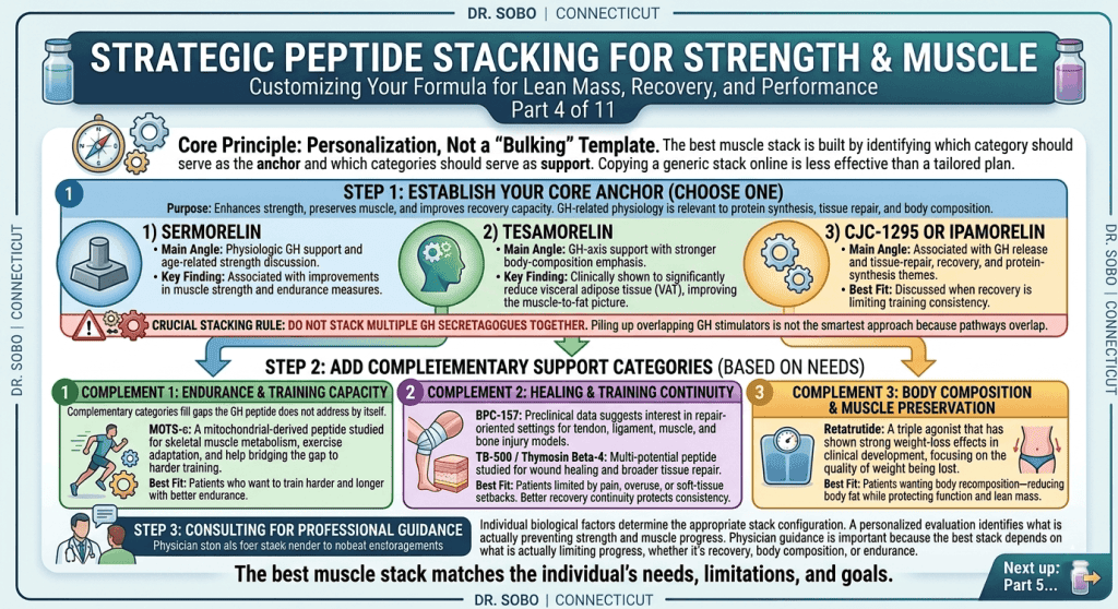 A clinical infographic for Dr. Sobo Connecticut detailing a two-step process for stacking peptides for strength and muscle, featuring Sermorelin, Tesamorelin, MOTS-c, and BPC-157