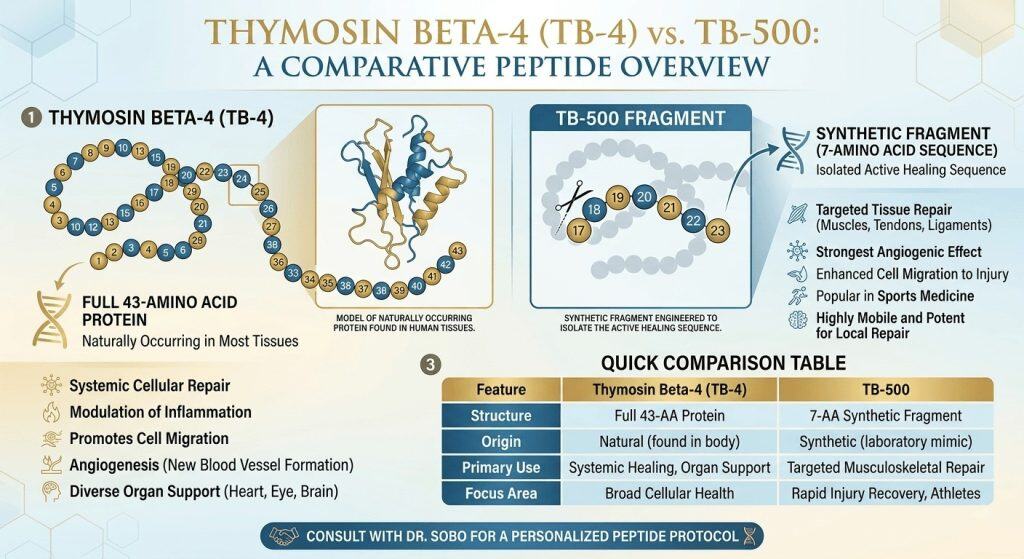A professional medical infographic comparing the full 43-amino acid protein Thymosin Beta-4 (TB-4) with the 7-amino acid synthetic fragment TB-500, highlighting differences in structure, origin, and musculoskeletal repair.