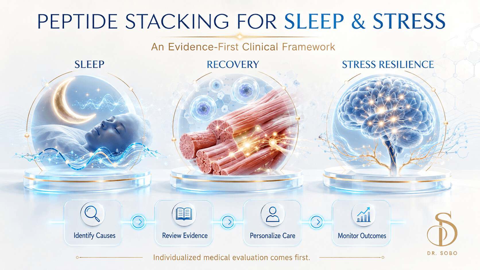 Peptide stacking for sleep and stress infographic showing sleep, recovery, stress resilience and an evidence-first clinical framework