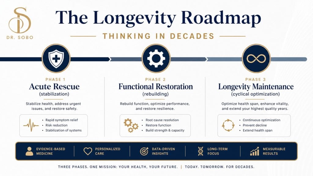 An infographic titled "The Longevity Roadmap: Thinking in Decades" outlining three phases of care: Phase 1 Acute Rescue (stabilization), Phase 2 Functional Restoration (rebuilding), and Phase 3 Longevity Maintenance (cyclical optimization).