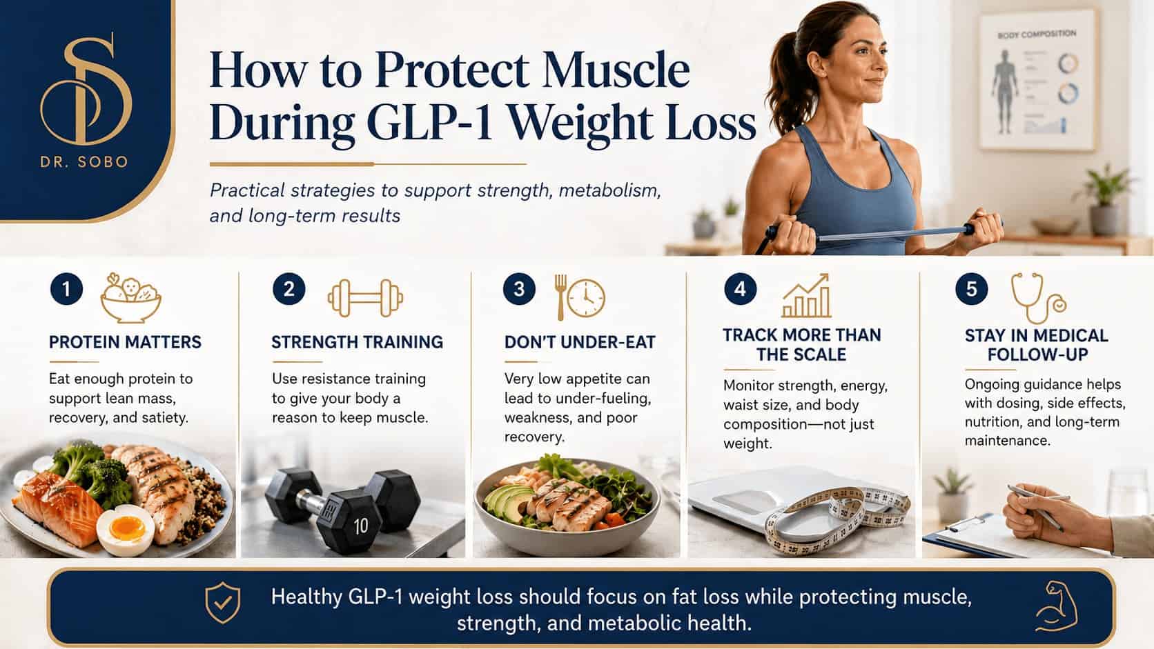 Infographic explaining how to protect muscle during GLP-1 weight loss and muscle loss with protein, resistance training, medical follow-up, and body composition tracking