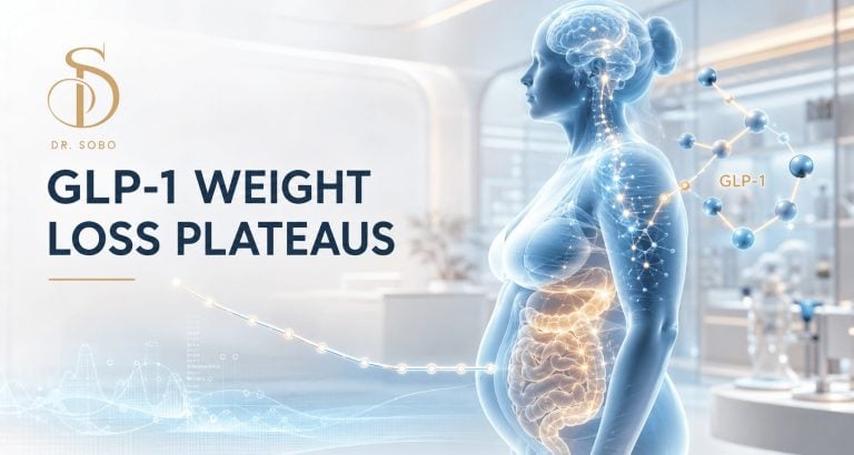 GLP-1 weight loss plateaus banner showing a weight-loss curve leveling off with high-tech metabolic graphics
