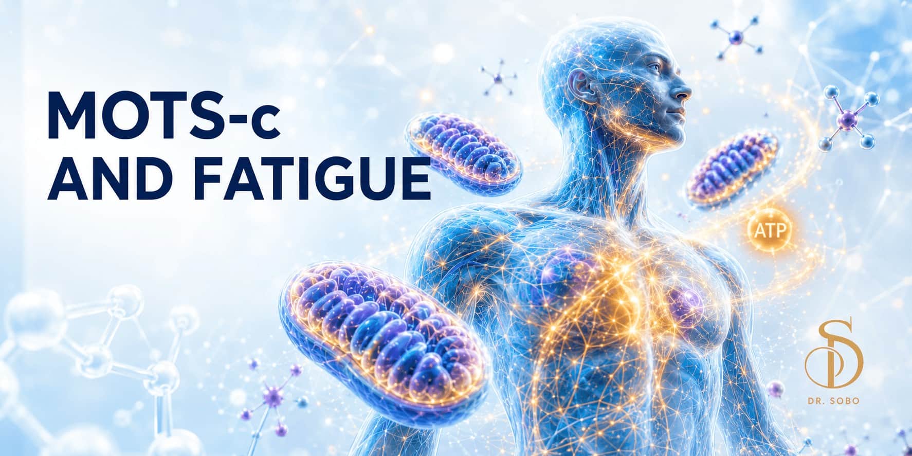 MOTS-c and fatigue banner featuring mitochondria, cellular energy, metabolic support, and Dr. Sobo branding.