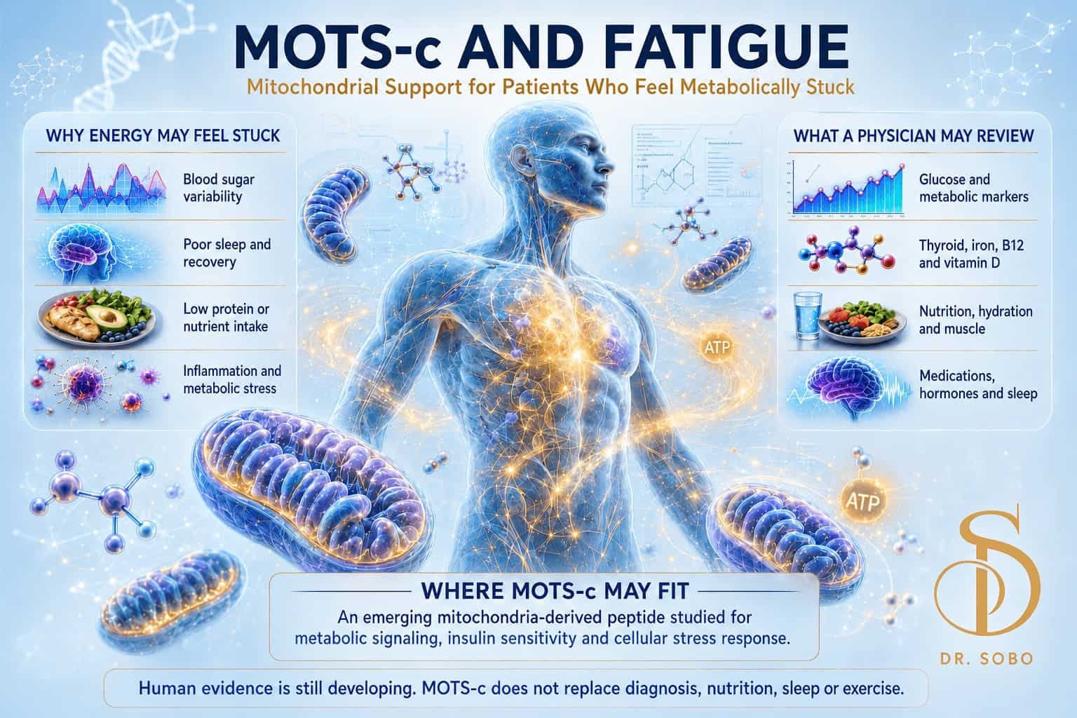 MOTS-c and fatigue infographic explaining metabolic fatigue, mitochondrial support, clinical factors a physician may review, and where MOTS-c may fit.