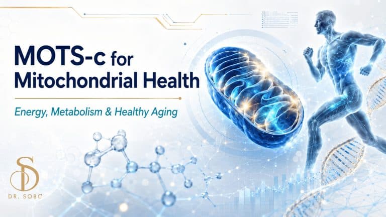 MOTS-c for mitochondrial health banner showing a glowing mitochondrion, energy metabolism visuals, healthy aging graphics, and the Dr. Sobo logo.