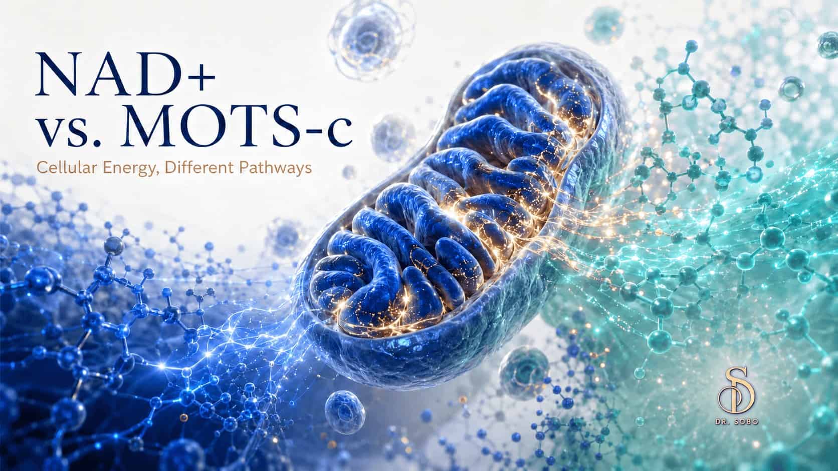 NAD+ vs. MOTS-c banner showing a mitochondrion surrounded by cellular energy and molecular signaling pathways.