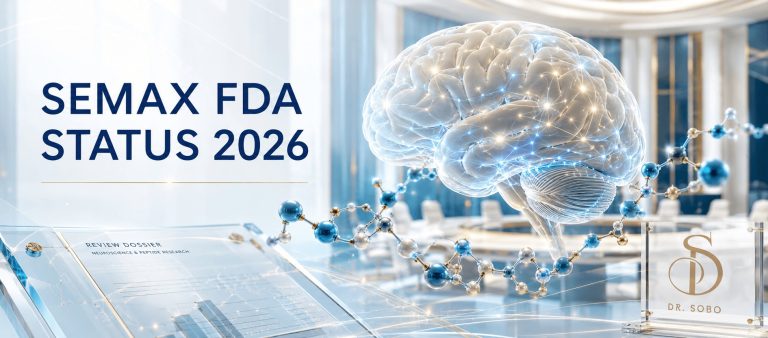 Semax FDA status 2026 banner featuring neurological and peptide imagery with Dr. Sobo branding