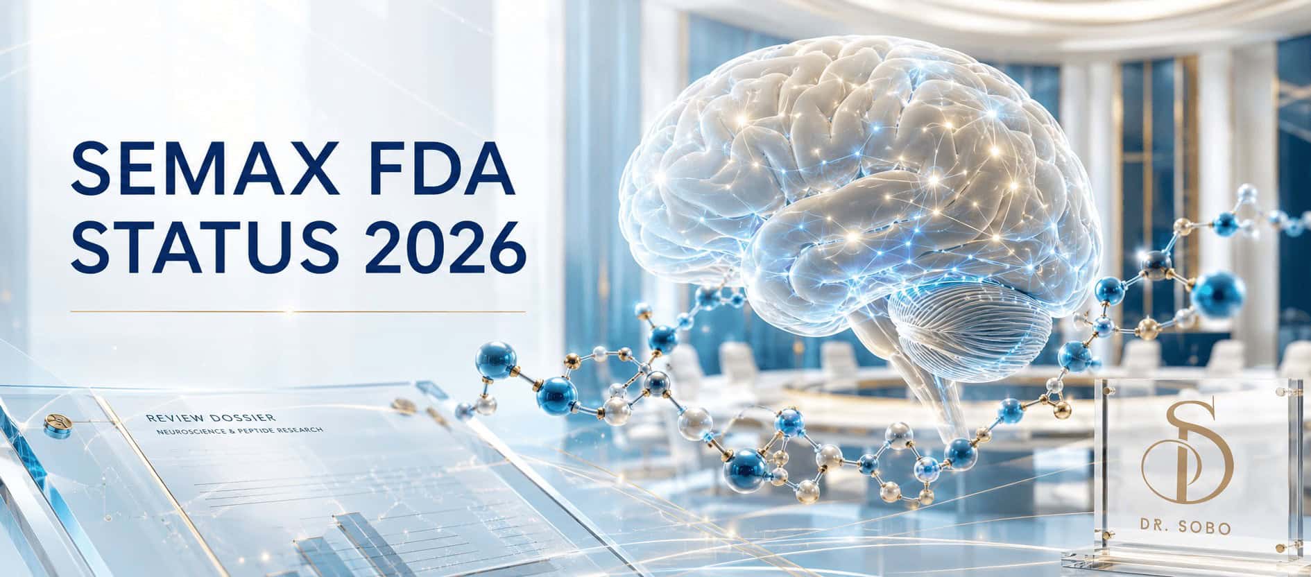 Semax FDA status 2026 banner featuring neurological and peptide imagery with Dr. Sobo branding