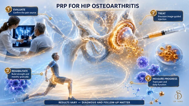 PRP aftercare infographic showing early protection, gradual movement, loading precautions, and follow-up