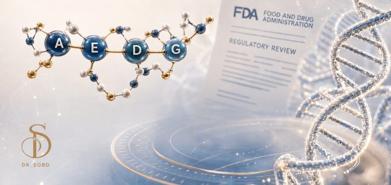 Epitalon FDA status 2026 banner featuring an AEDG peptide model, DNA helix and FDA regulatory review imagery