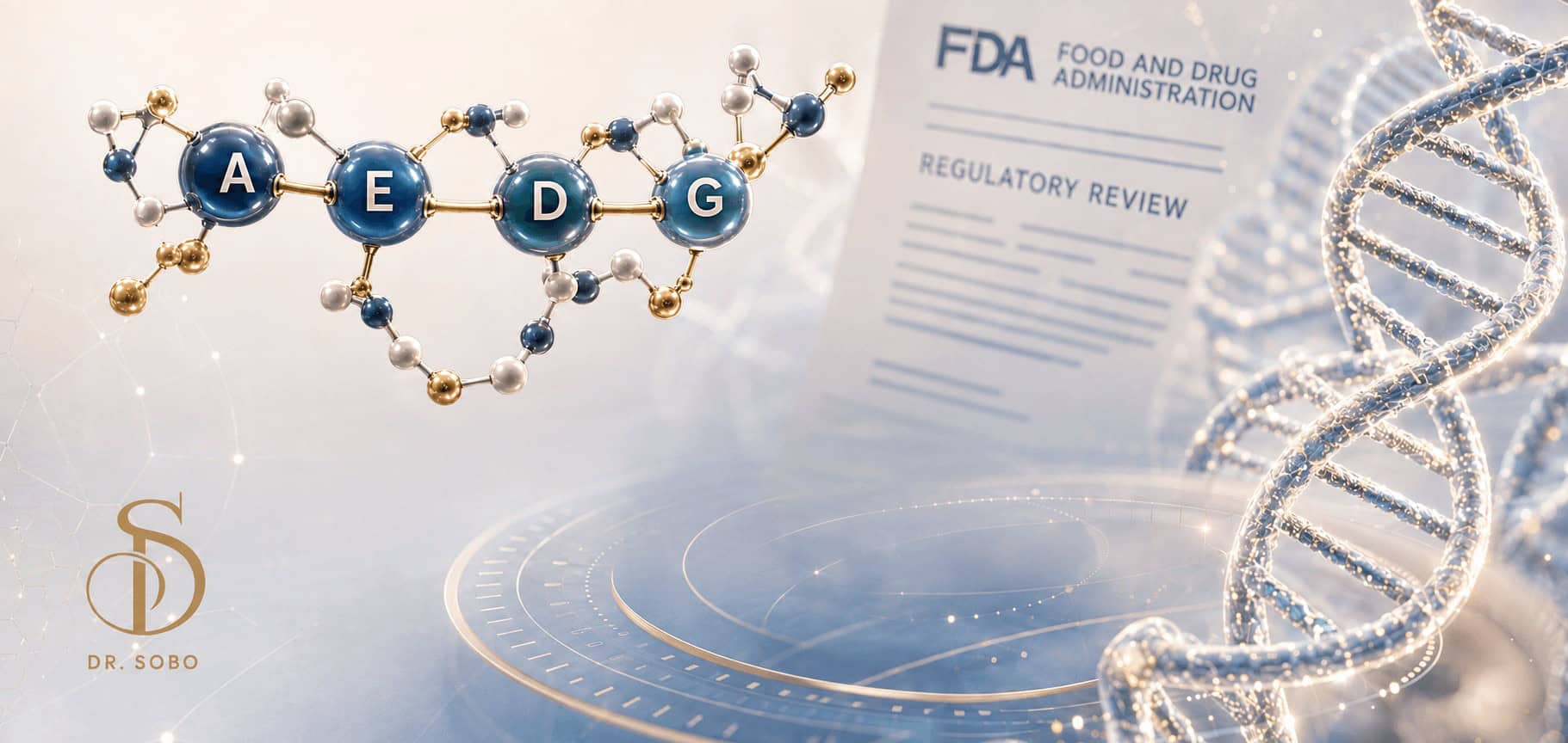 Epitalon FDA status 2026 banner featuring an AEDG peptide model, DNA helix and FDA regulatory review imagery