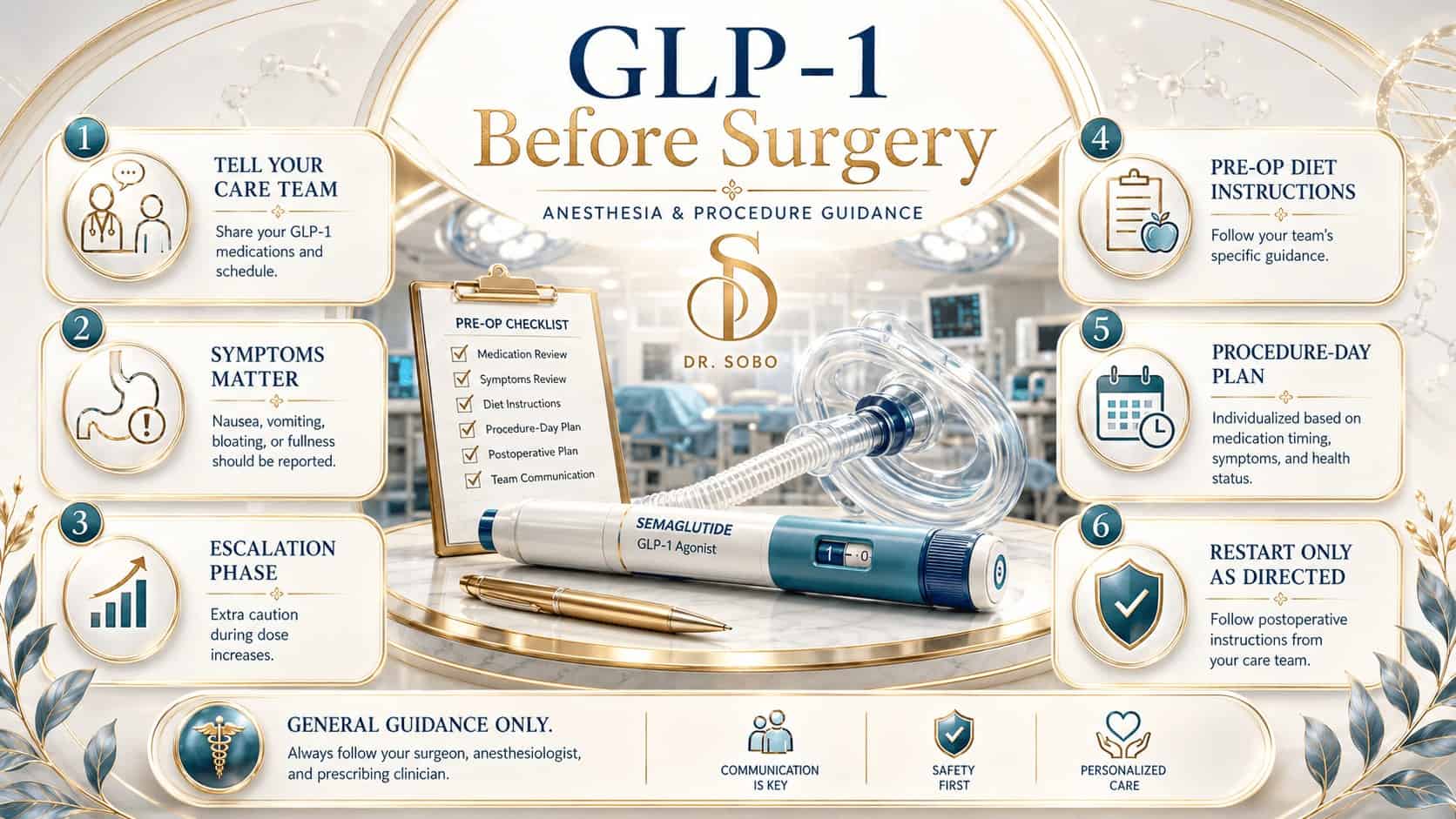 GLP-1 before surgery infographic explaining anesthesia considerations, gastrointestinal symptoms, dose escalation, preoperative diet, and medication restart