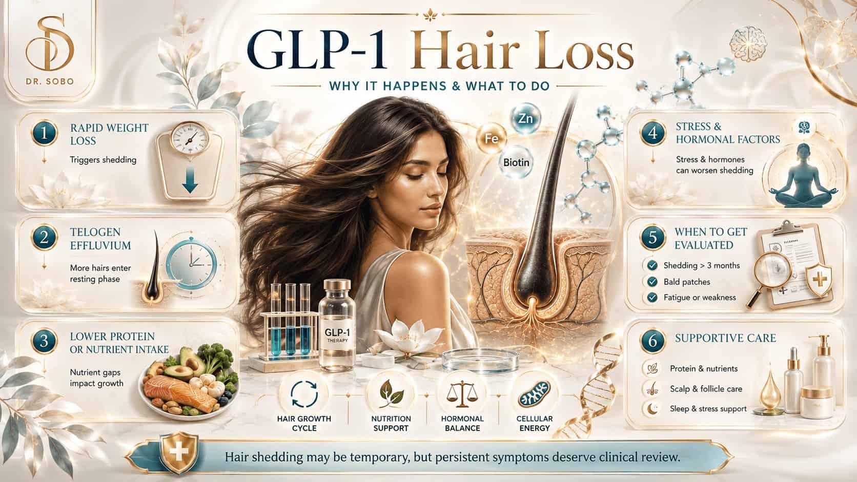 GLP-1 hair loss infographic showing rapid weight loss, telogen effluvium, nutrition, hormones, evaluation, and supportive care