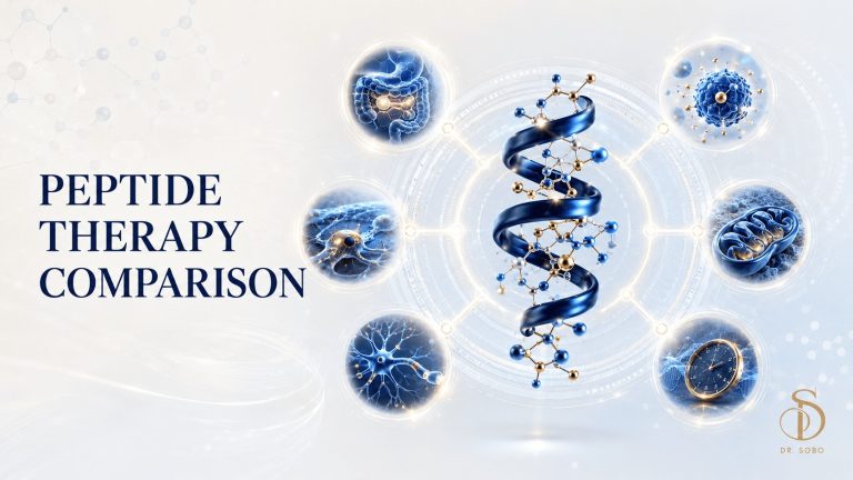 Peptide therapy comparison banner illustrating six distinct peptide research pathways