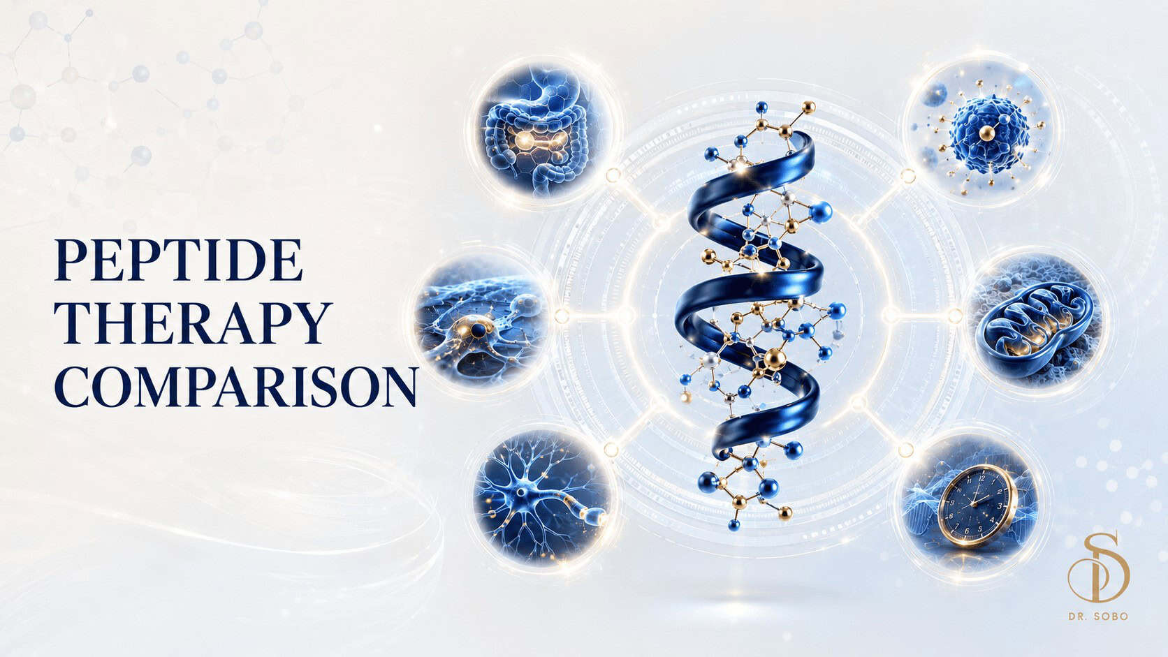 Peptide therapy comparison banner illustrating six distinct peptide research pathways