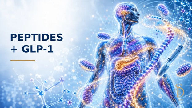 Peptide therapy with GLP-1 medications banner showing metabolic systems, molecular graphics, and an injection pen